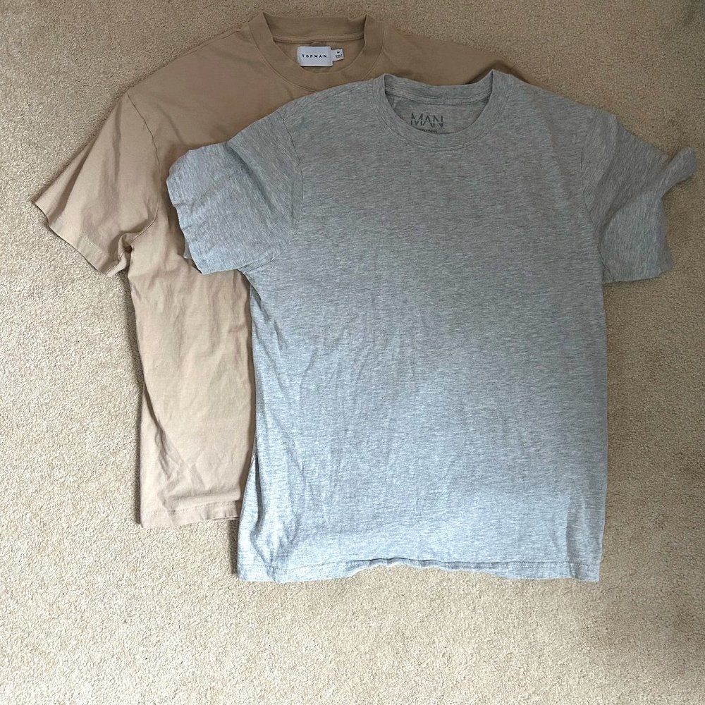 Two pack of plain tees: tan (Topman) and silver (BoohooMAN) size M